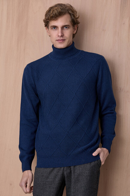 Koyu İndigo %100 Pamuk Bisiklet Yaka Kazak - 1