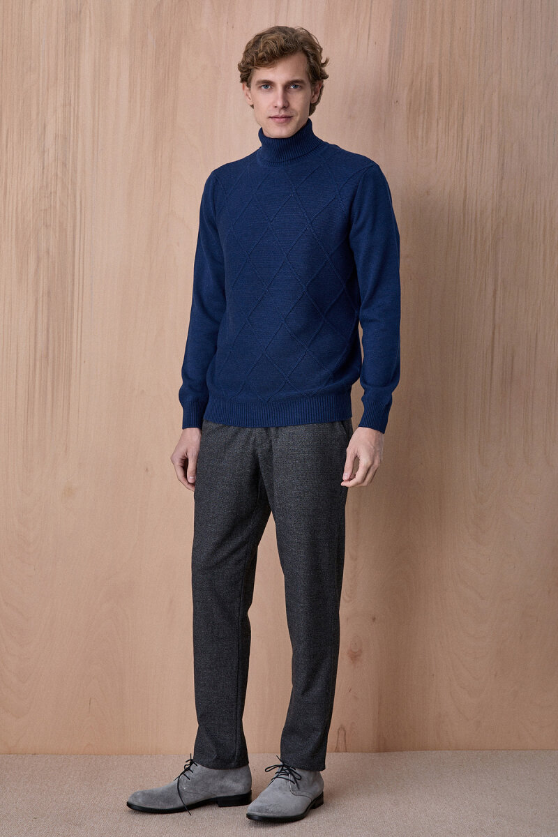 Koyu İndigo %100 Pamuk Bisiklet Yaka Kazak - 4