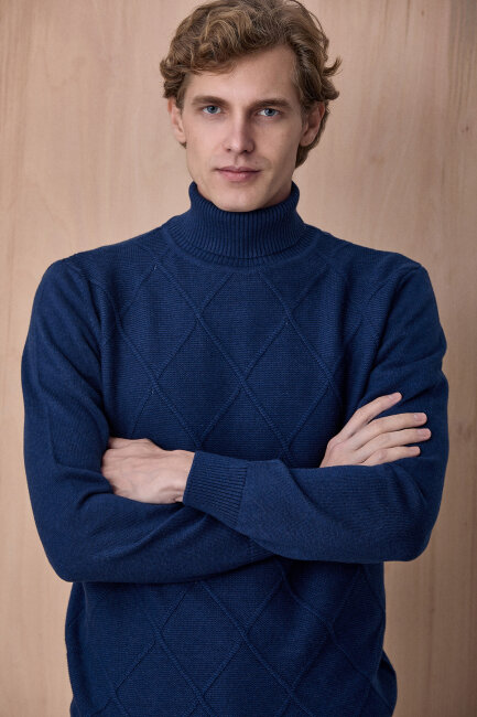 Koyu İndigo %100 Pamuk Bisiklet Yaka Kazak - 5