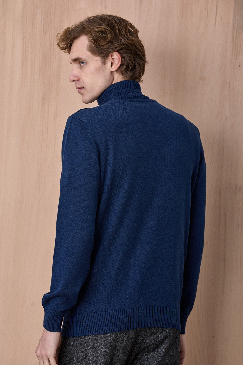 Koyu İndigo %100 Pamuk Bisiklet Yaka Kazak - 6