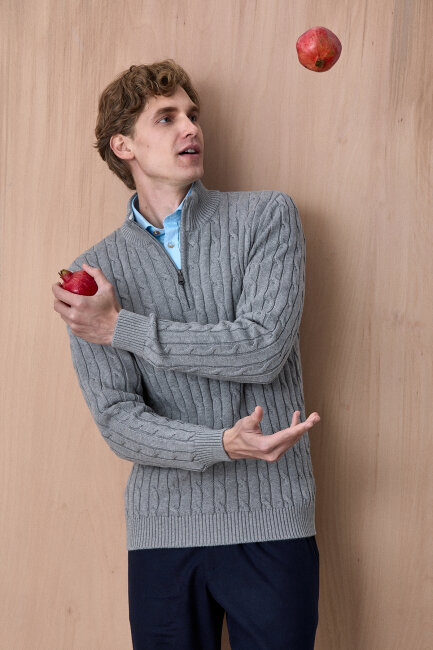 Gri Melanj %100 Pamuk Fermuarlı Kazak