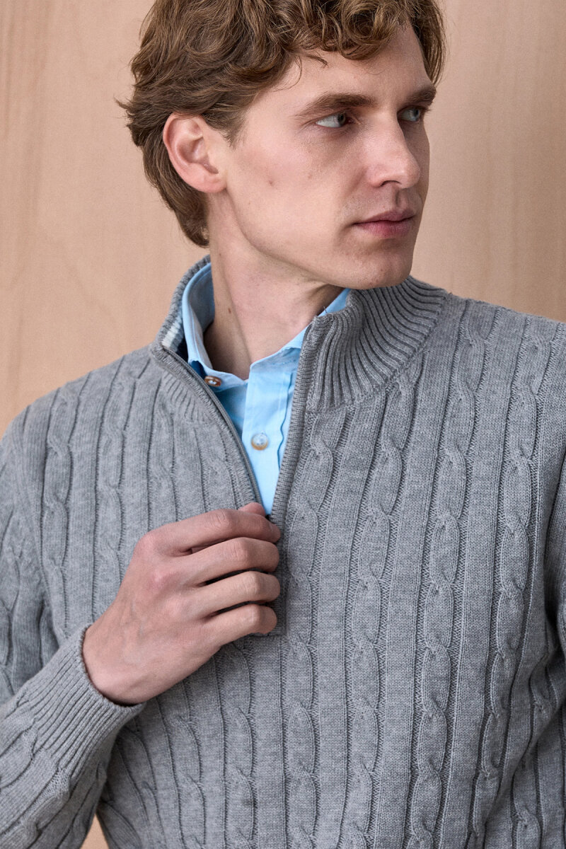 Gri Melanj %100 Pamuk Fermuarlı Kazak (1)