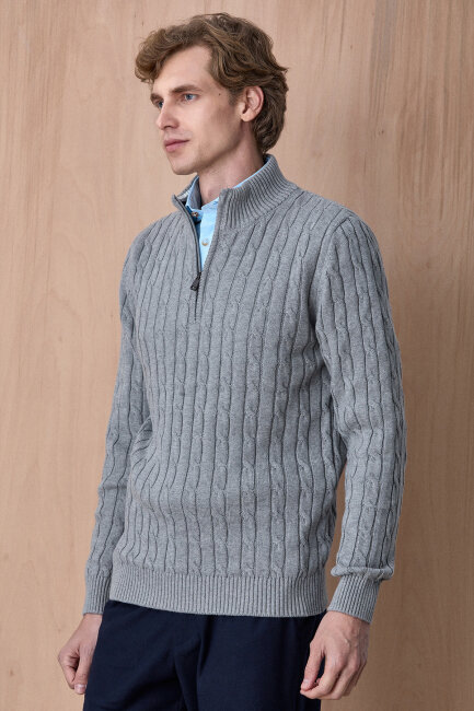 Gri Melanj %100 Pamuk Fermuarlı Kazak - 3