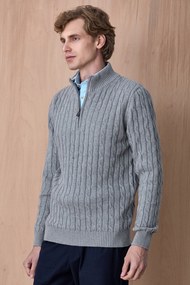 Gri Melanj %100 Pamuk Fermuarlı Kazak - 3