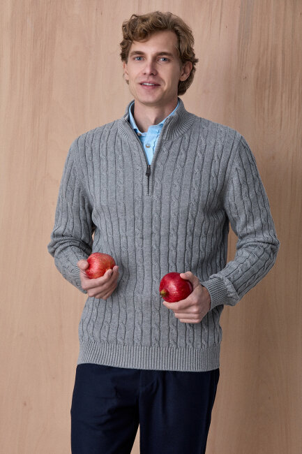 Gri Melanj %100 Pamuk Fermuarlı Kazak - 4