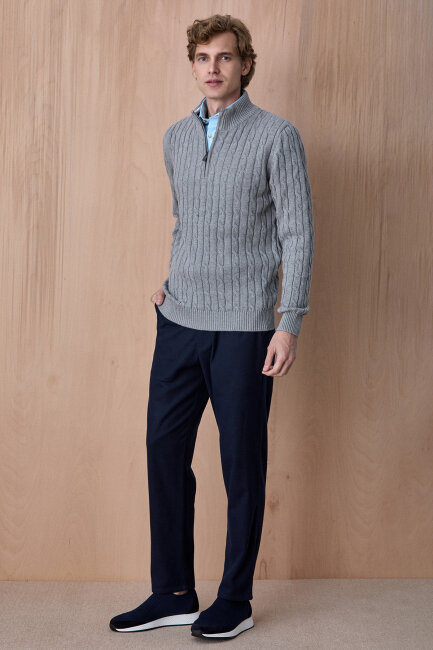 Gri Melanj %100 Pamuk Fermuarlı Kazak - 5