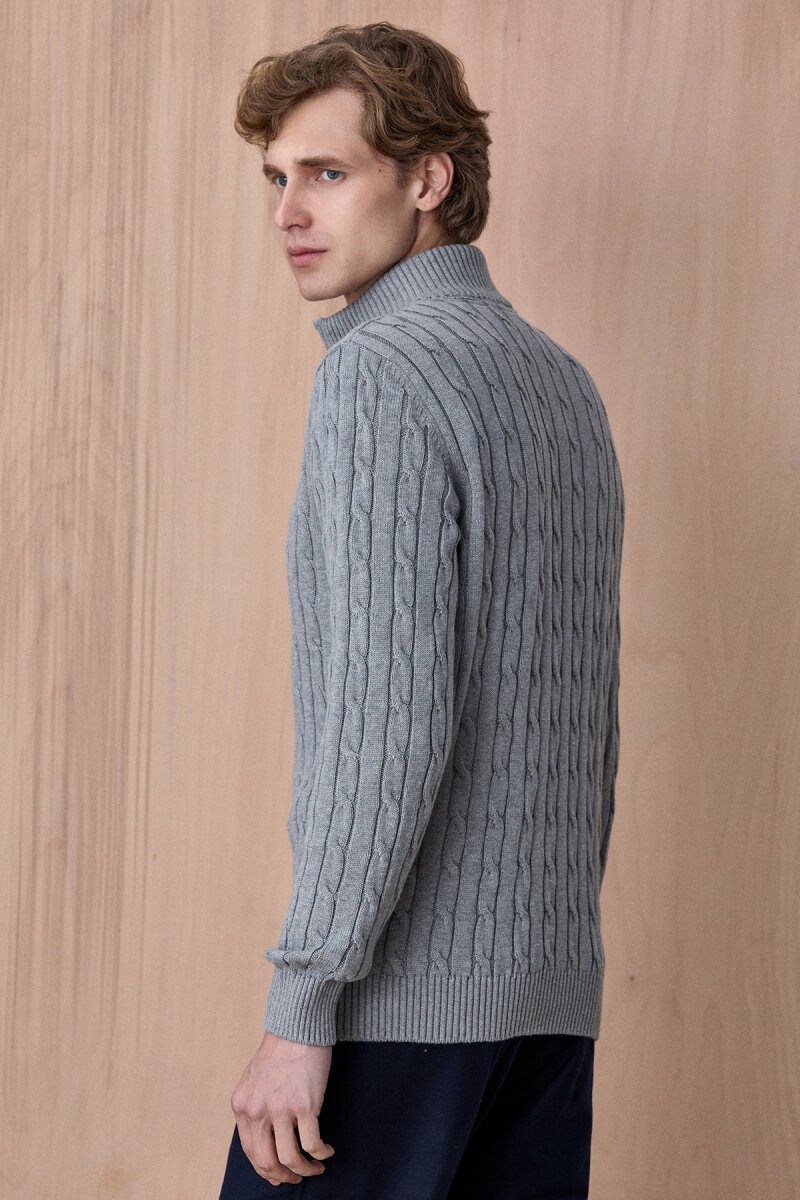 Gri Melanj %100 Pamuk Fermuarlı Kazak - 6