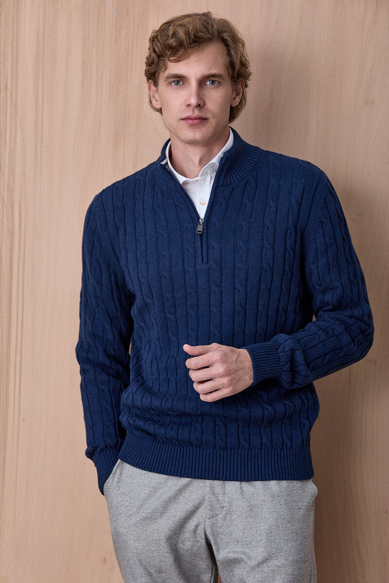 Koyu İndigo %100 Pamuk Fermuarlı Kazak