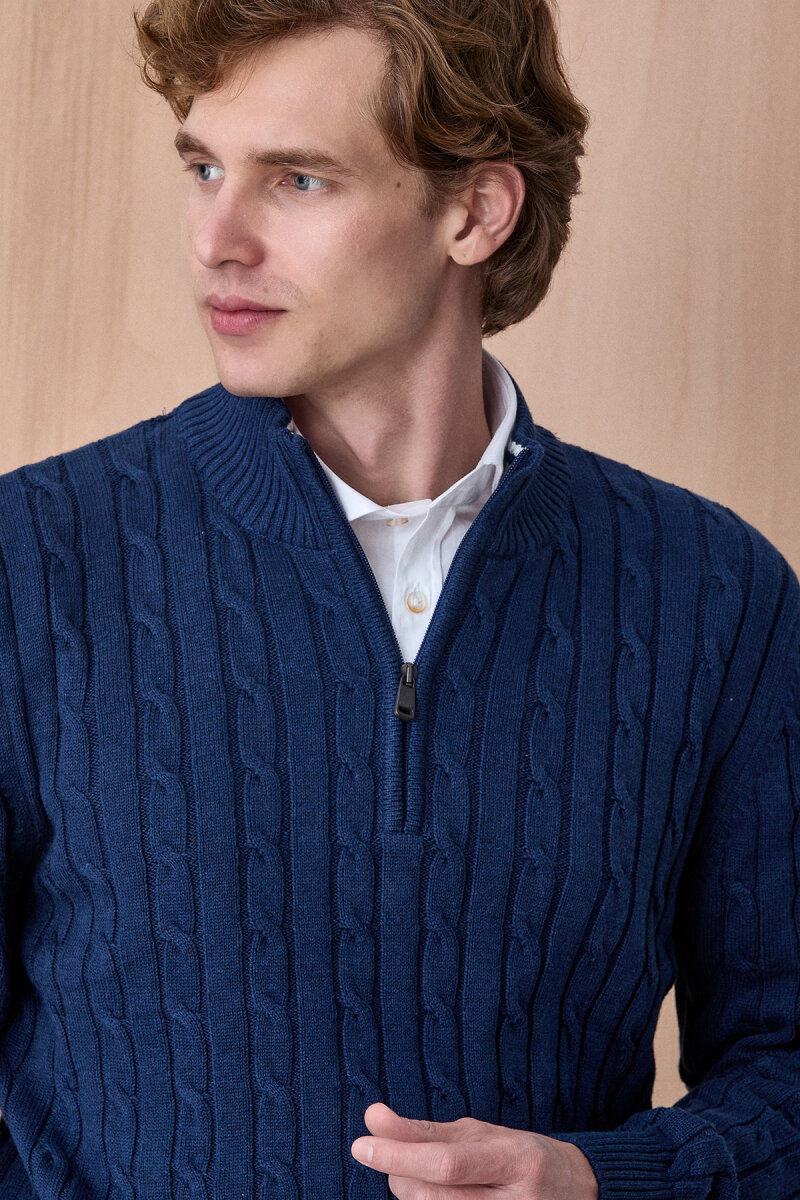 Koyu İndigo %100 Pamuk Fermuarlı Kazak (1)