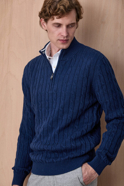 Koyu İndigo %100 Pamuk Fermuarlı Kazak - 3