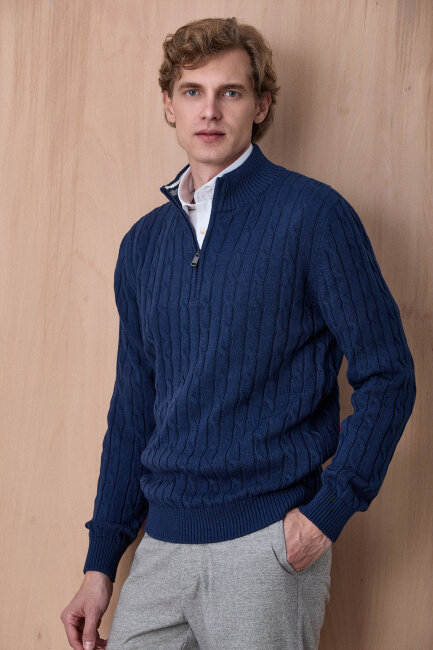 Koyu İndigo %100 Pamuk Fermuarlı Kazak - 4