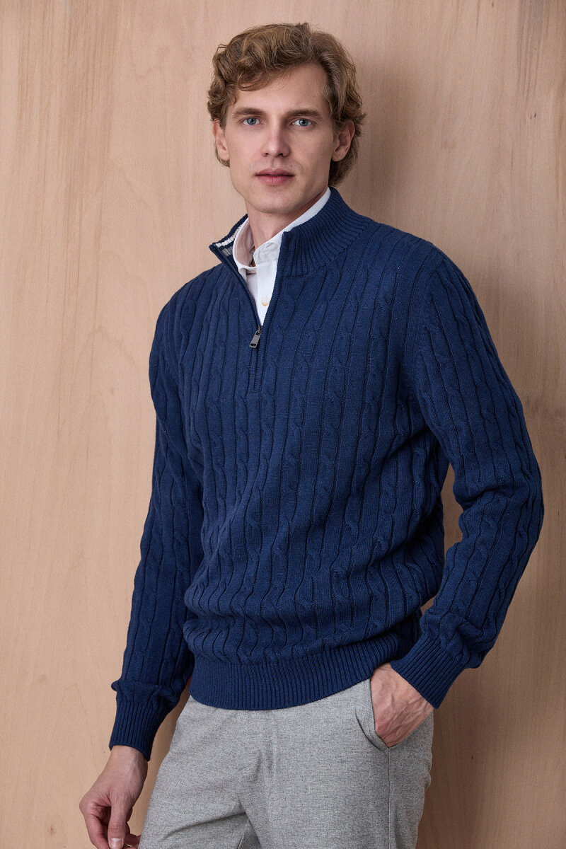 Koyu İndigo %100 Pamuk Fermuarlı Kazak - 4