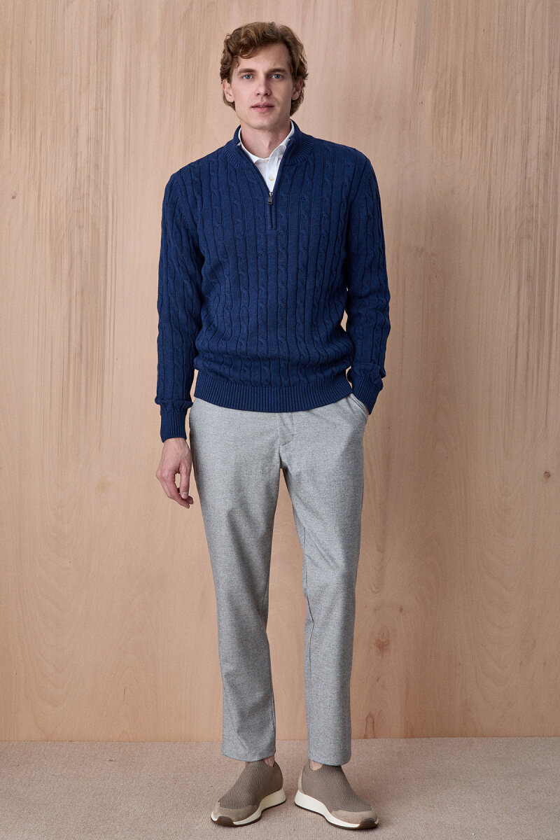 Koyu İndigo %100 Pamuk Fermuarlı Kazak - 5