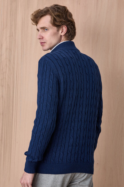 Koyu İndigo %100 Pamuk Fermuarlı Kazak - 6