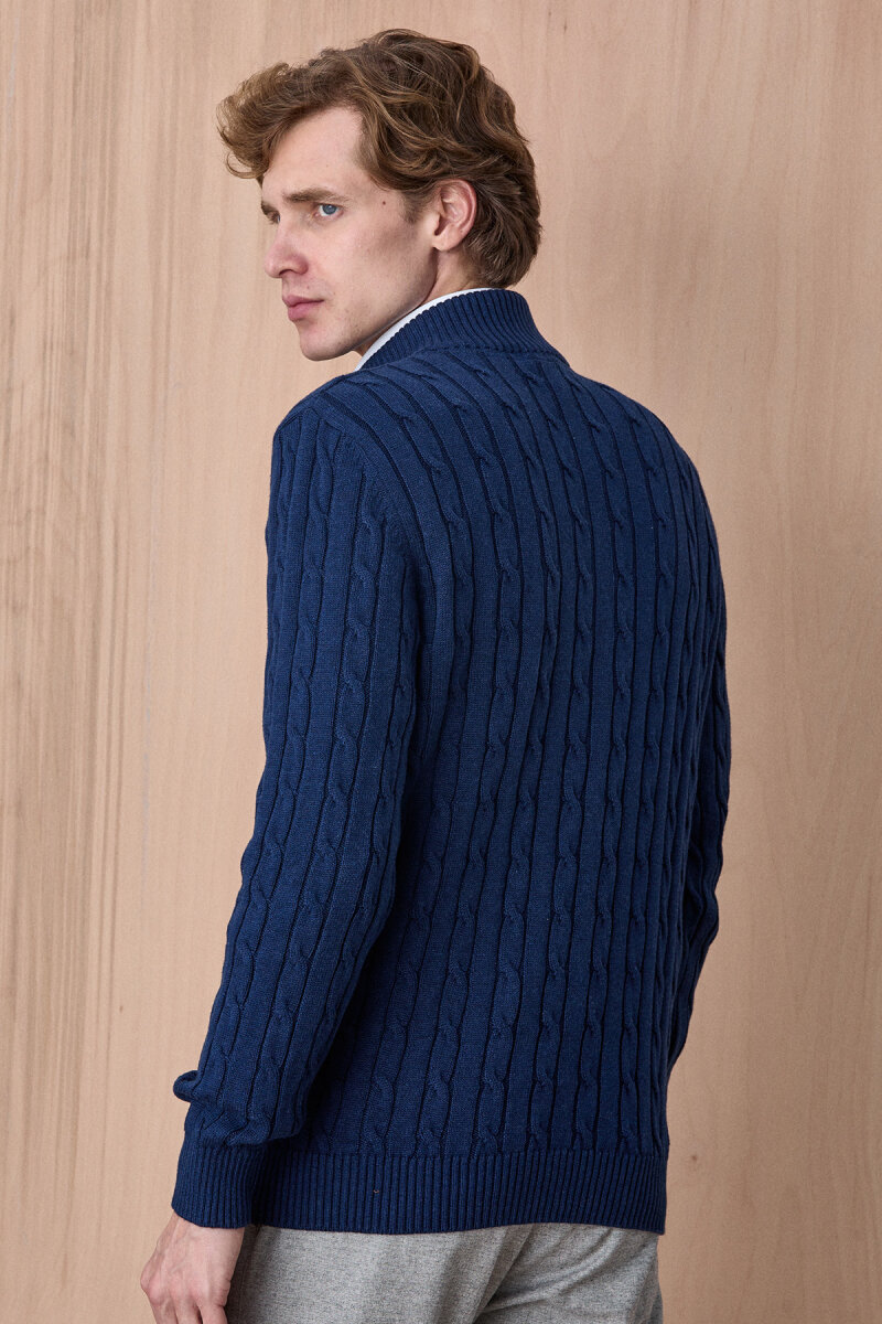 Koyu İndigo %100 Pamuk Fermuarlı Kazak - 6