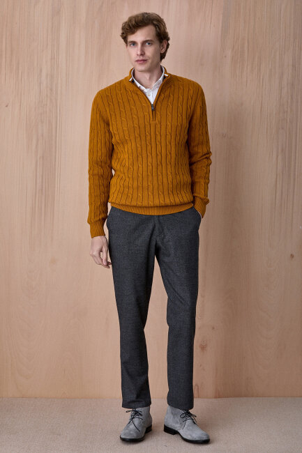 Sarı %100 Pamuk Fermuarlı Kazak - 5