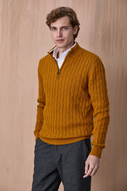 Sarı %100 Pamuk Fermuarlı Kazak