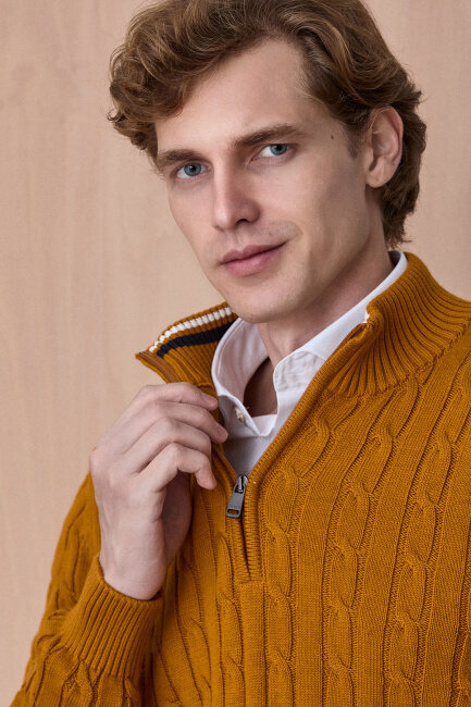 Sarı %100 Pamuk Fermuarlı Kazak - 2