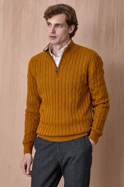 Sarı %100 Pamuk Fermuarlı Kazak - 3