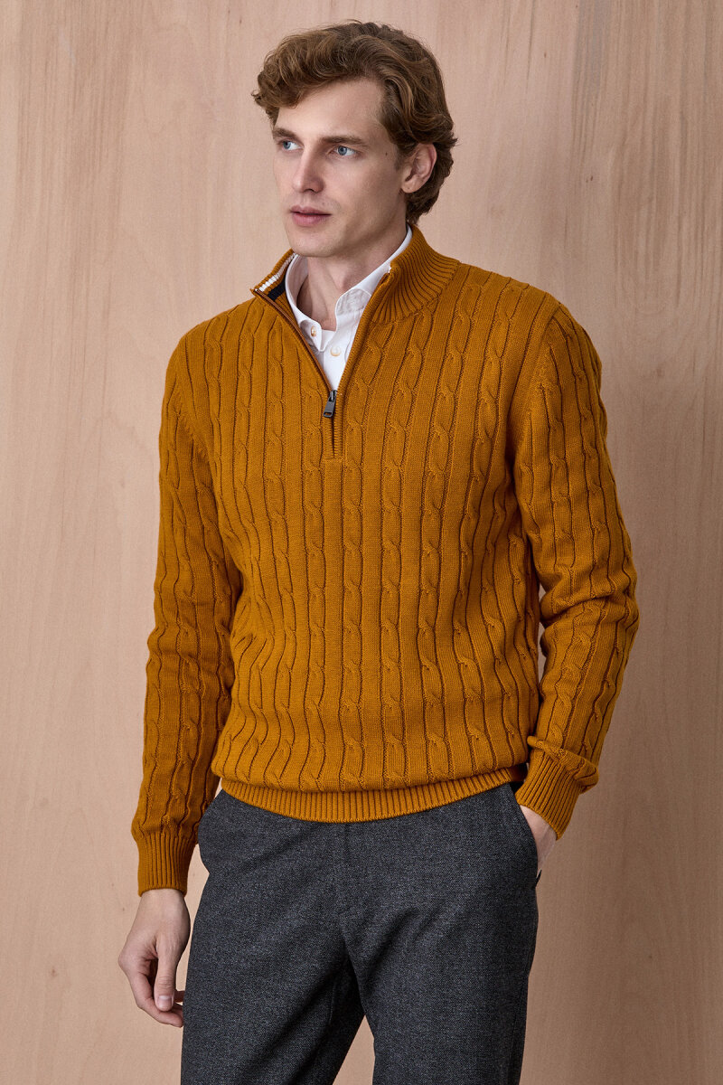 Sarı %100 Pamuk Fermuarlı Kazak - 3