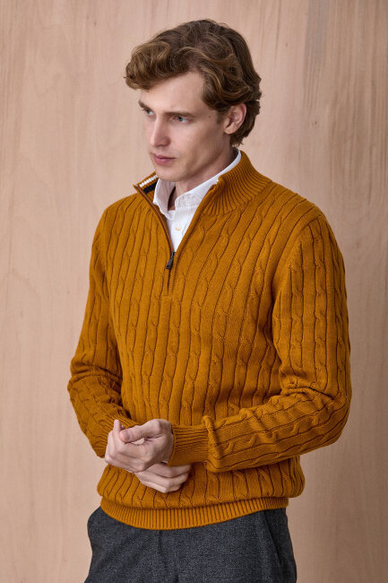 Sarı %100 Pamuk Fermuarlı Kazak - 4