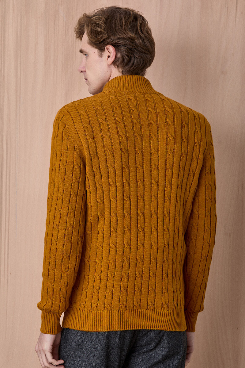 Sarı %100 Pamuk Fermuarlı Kazak - 6