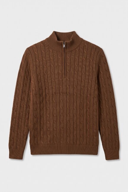 Tütün Rengi %100 Pamuk Fermuarlı Kazak - 1