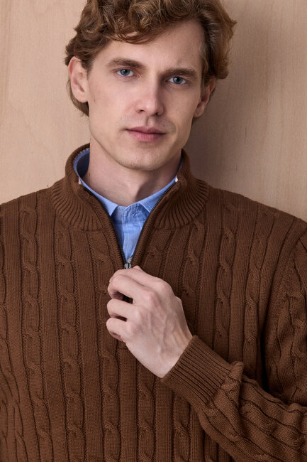 Tütün Rengi %100 Pamuk Fermuarlı Kazak (1)