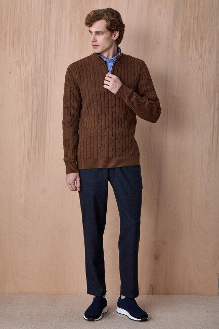 Tütün Rengi %100 Pamuk Fermuarlı Kazak - 5