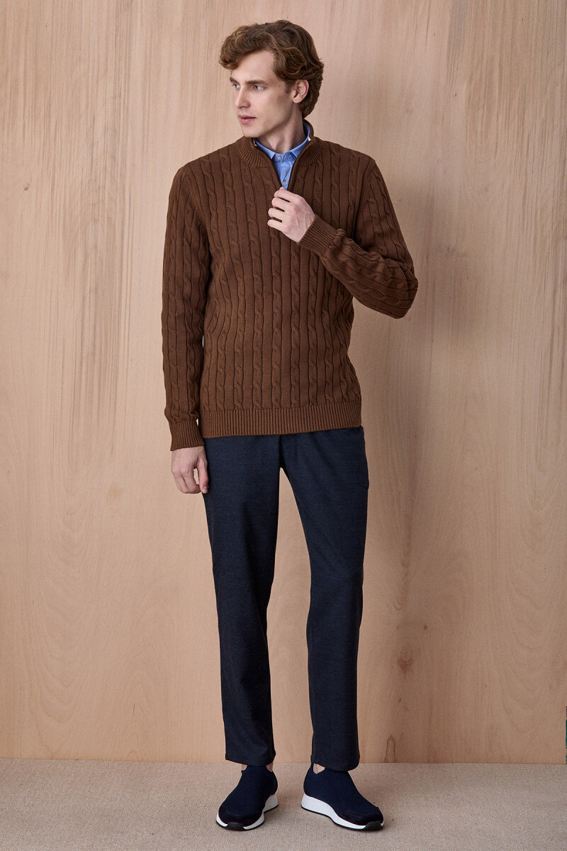 Tütün Rengi %100 Pamuk Fermuarlı Kazak - 5