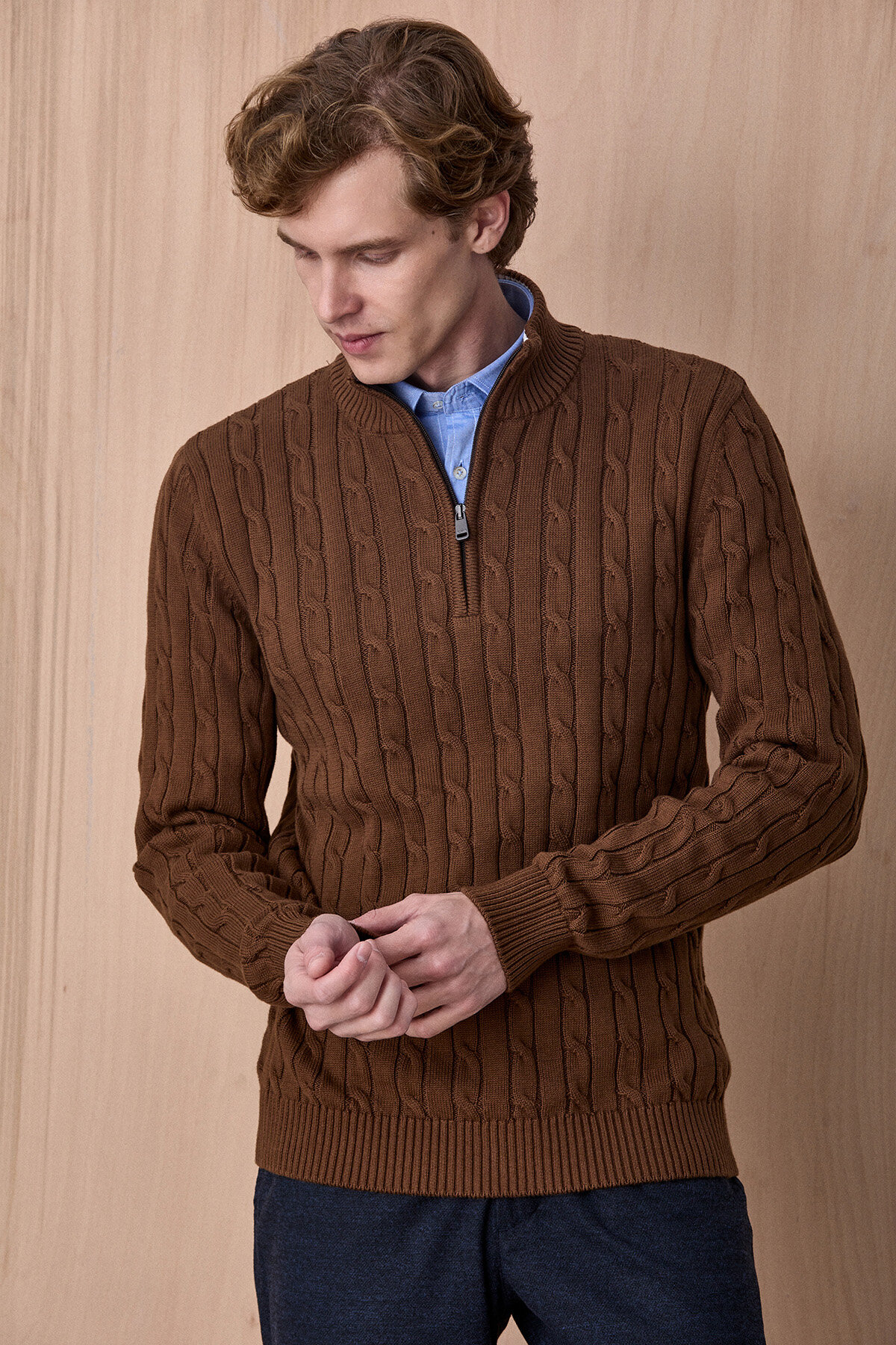 Tütün Rengi %100 Pamuk Fermuarlı Kazak - 3