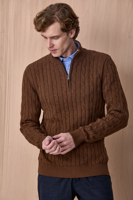 Tütün Rengi %100 Pamuk Fermuarlı Kazak - 3