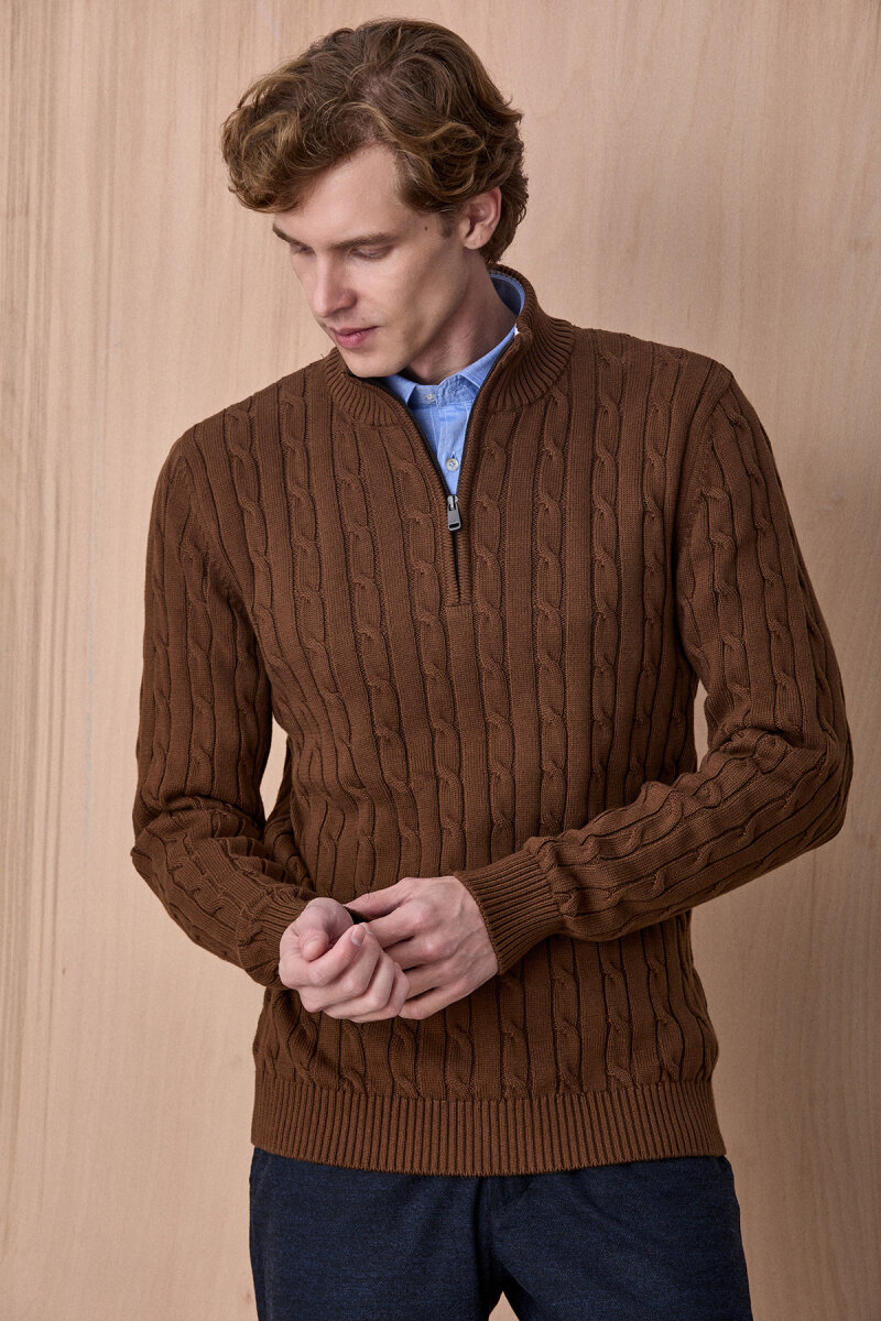 Tütün Rengi %100 Pamuk Fermuarlı Kazak - 3