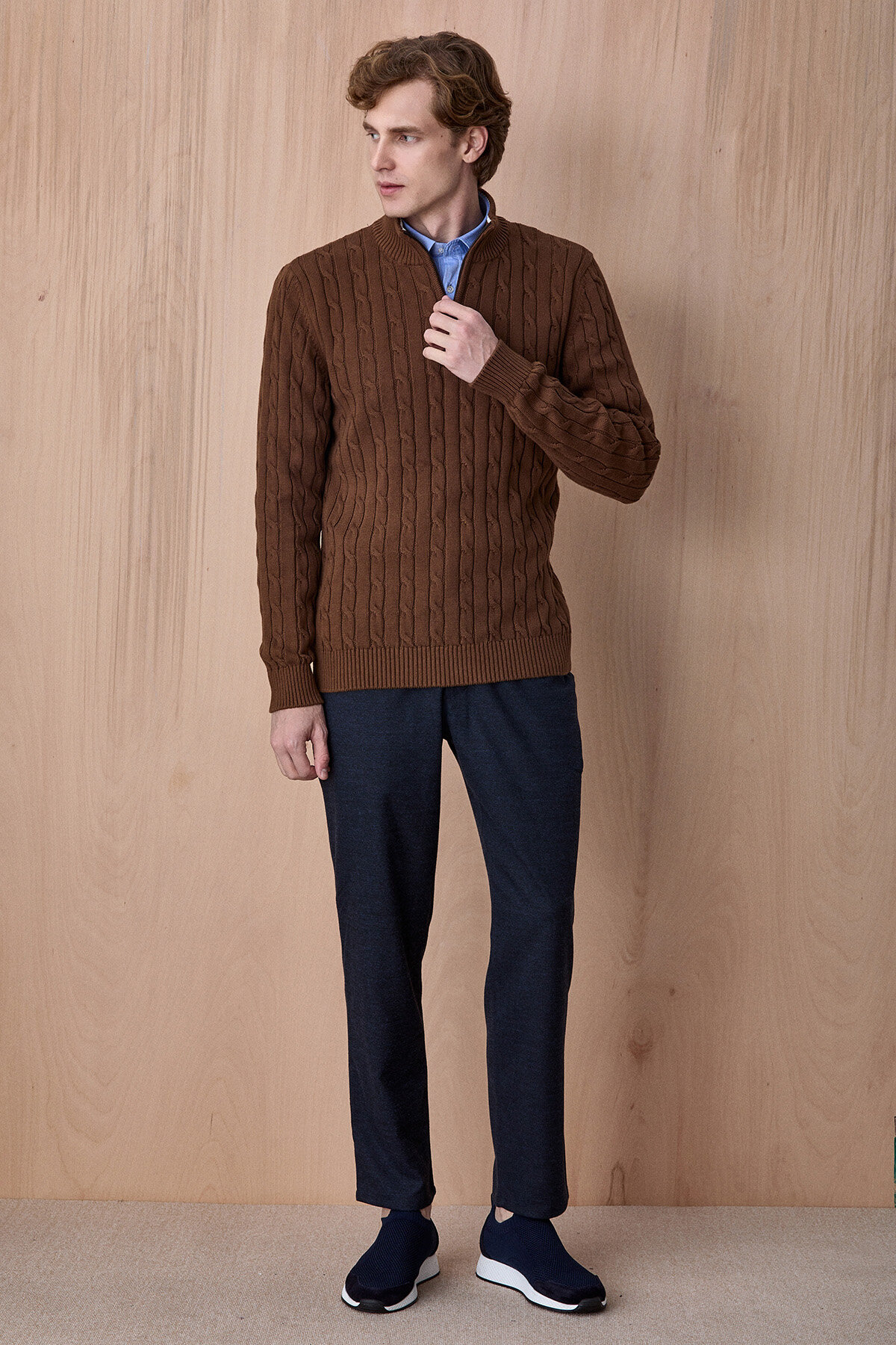 Tütün Rengi %100 Pamuk Fermuarlı Kazak - 5