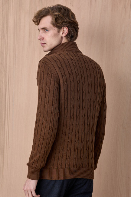 Tütün Rengi %100 Pamuk Fermuarlı Kazak - 6