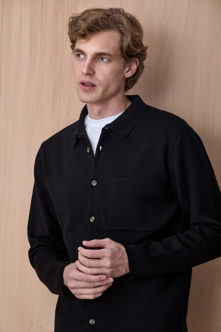 Siyah %100 Pamuk Örme Gömlek - 4