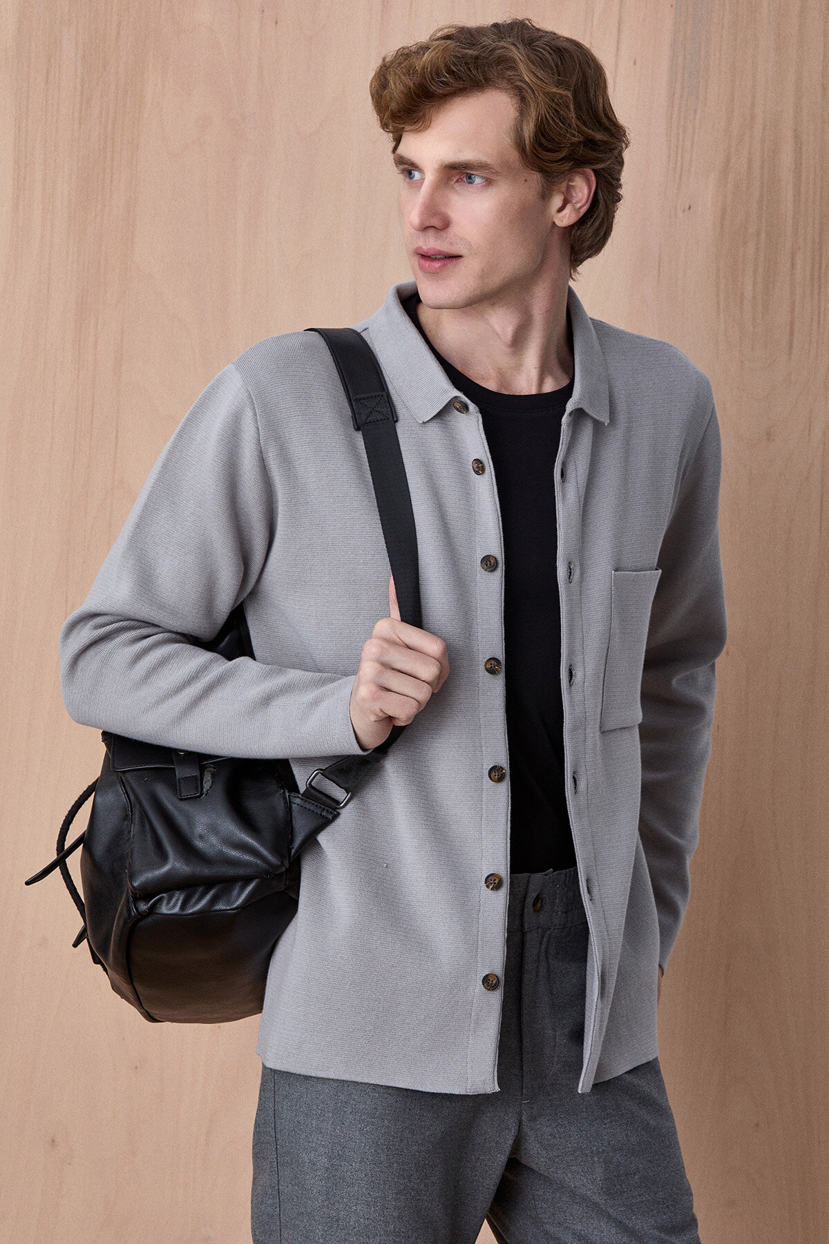 Taş Rengi %100 Pamuk Örme Gömlek - 1