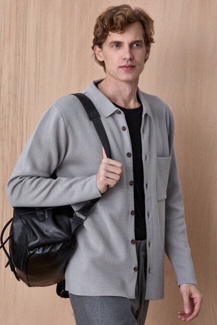 Taş Rengi %100 Pamuk Örme Gömlek - 4