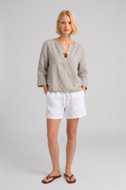 Bej %100 Keten Düğmeli Gömlek - 4