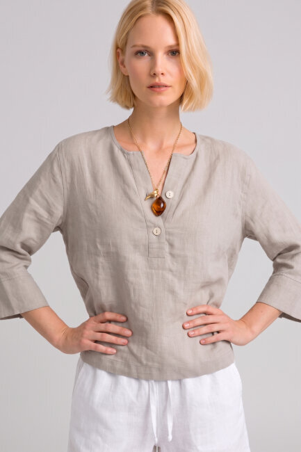 Bej %100 Keten Düğmeli Gömlek - 1