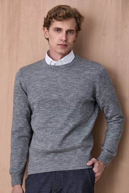 Gri Pamuklu Bisiklet Yaka Kazak - 1