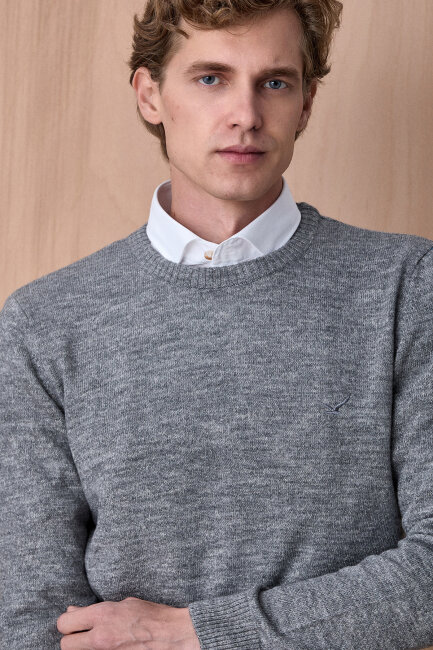 Gri Pamuklu Bisiklet Yaka Kazak - 2