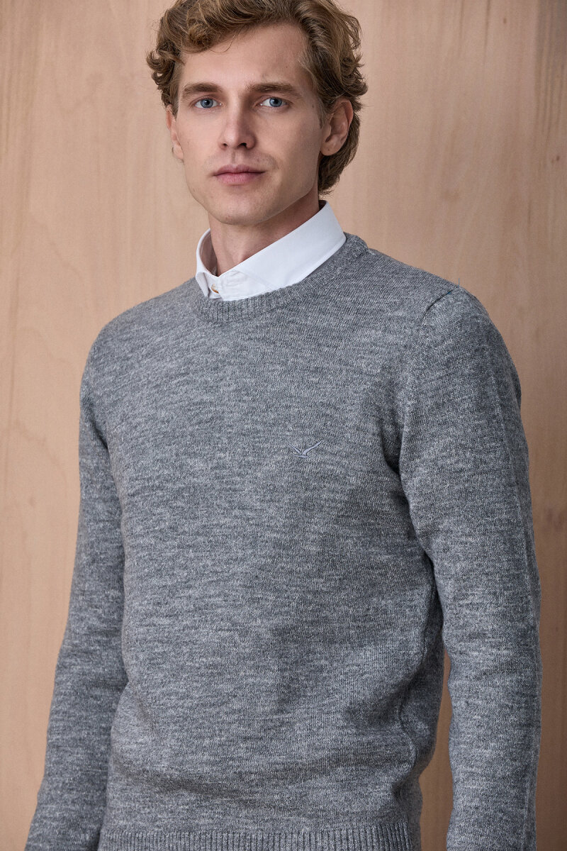 Gri Pamuklu Bisiklet Yaka Kazak - 3