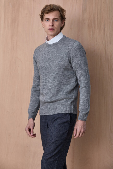 Gri Pamuklu Bisiklet Yaka Kazak - 5