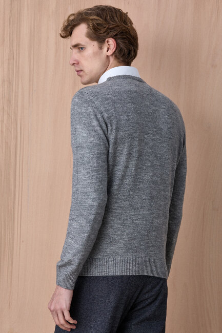 Gri Pamuklu Bisiklet Yaka Kazak - 6