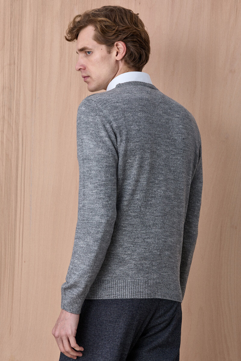 Gri Pamuklu Bisiklet Yaka Kazak - 6