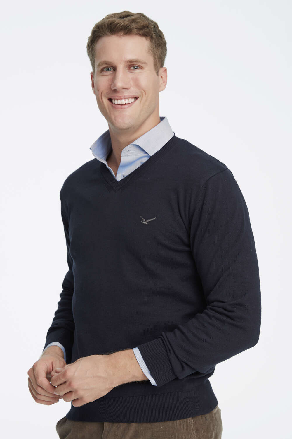 Navy Blue 100% Cotton V-Neck Sweater - 2