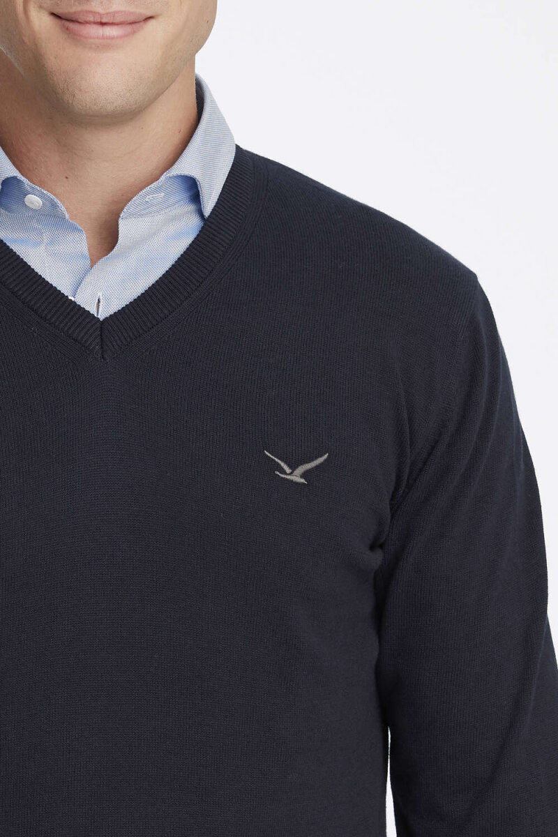 Navy Blue 100% Cotton V-Neck Sweater - 3