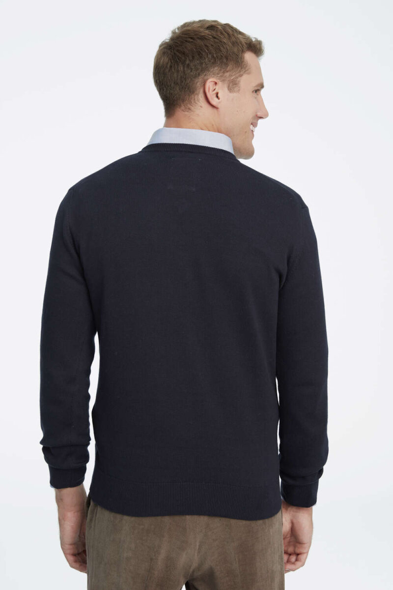 Navy Blue 100% Cotton V-Neck Sweater - 4