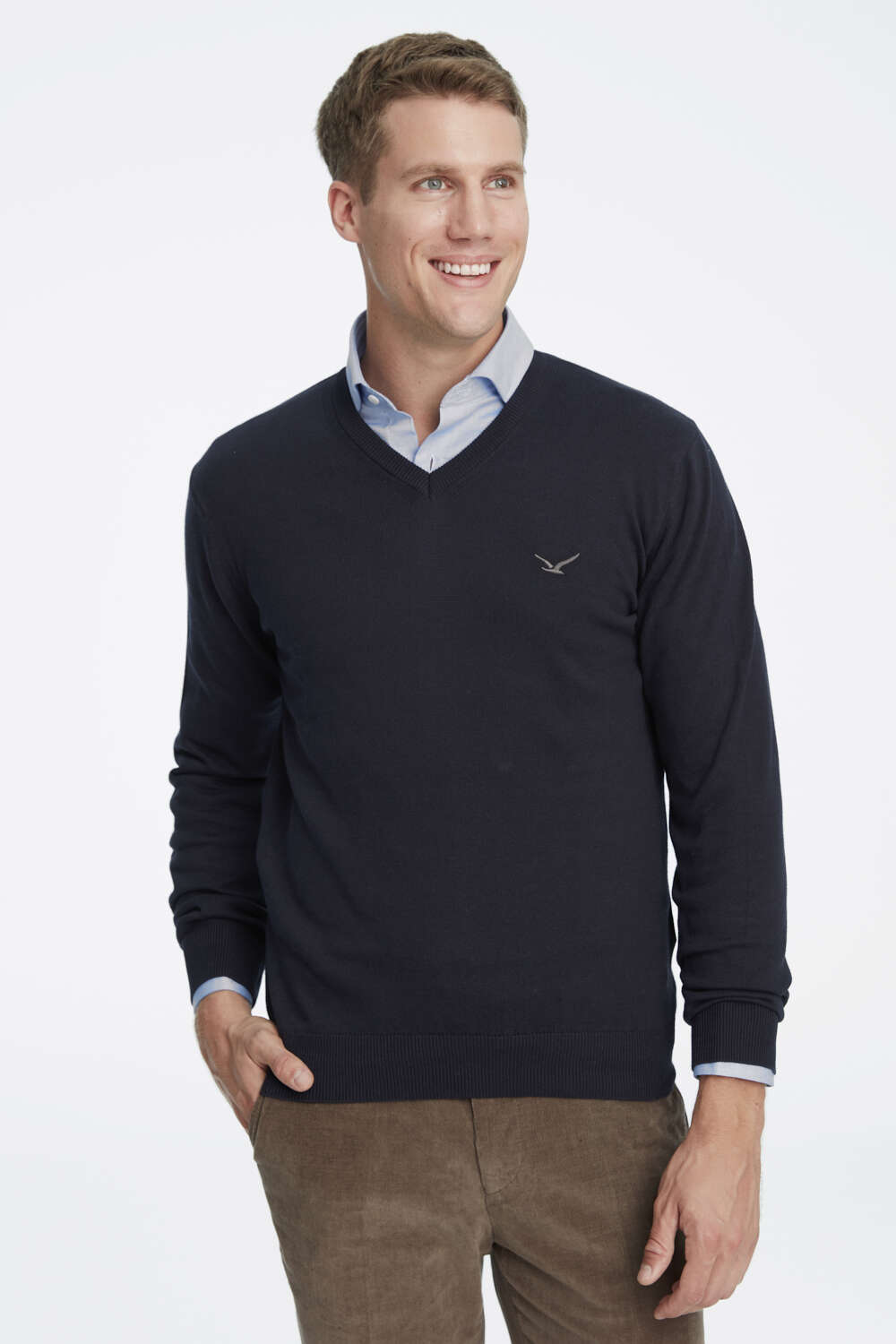 Navy Blue 100% Cotton V-Neck Sweater - 1